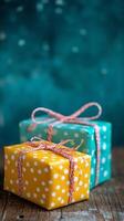 Colorful wrapped gifts on a blue background with bokeh highlights for festive occasions photo