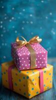 Colorful wrapped gifts on a blue background with bokeh highlights for festive occasions photo