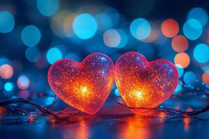 vistoso corazón decoraciones brillante con luces crear un romántico atmósfera para celebraciones foto