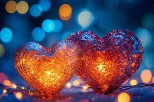 Colorful heart decorations glowing with lights create a romantic atmosphere for celebrations photo