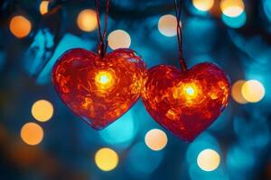Colorful heart decorations glowing with lights create a romantic atmosphere for celebrations photo