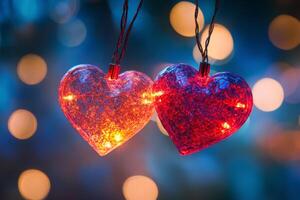 Colorful heart decorations glowing with lights create a romantic atmosphere for celebrations photo