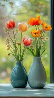 Fresh flowers in blue glass vases capture sunlight in a tranquil indoor setting photo