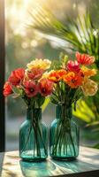 Fresh flowers in blue glass vases capture sunlight in a tranquil indoor setting photo