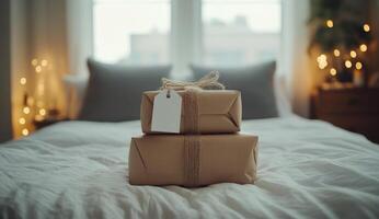 Wrapped gifts on a cozy bed with soft lighting and warm ambiance during the holiday season photo