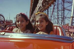 Joyful girls enjoying a ride at an amusement park on a sunny day photo