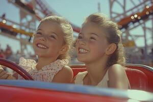 Joyful girls enjoying a ride at an amusement park on a sunny day photo