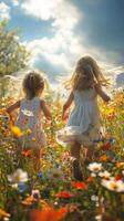 Two children run joyfully through a vibrant flower field on a sunny day photo