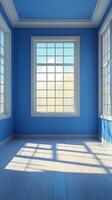 Bright blue room with large window casting shadows in afternoon light photo