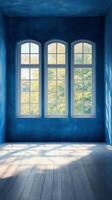 Bright blue room with large window casting shadows in afternoon light photo