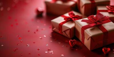 Colorful gift boxes and hearts set against a deep red background for romantic celebration photo