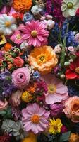 Bright and vibrant flower arrangement showcasing a variety of blossoms in a colorful display photo