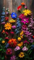 Colorful floral arrangement showcasing various blossoms against a rustic wooden backdrop photo