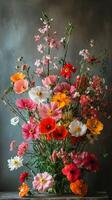 Bright and vibrant flower arrangement showcasing a variety of blossoms in a colorful display photo