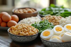 Fresh and healthy meal prep featuring vibrant vegetables, nuts, and eggs at a kitchen counter photo