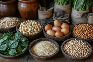 Fresh and healthy meal prep featuring vibrant vegetables, nuts, and eggs at a kitchen counter photo