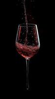 Pouring red wine into a glass with bubbles on a black background photo