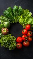 Fresh vegetables arranged in a circular pattern on a dark background showcasing their vibrant colors photo