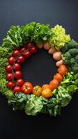 Fresh vegetables arranged in a circular pattern on a dark background showcasing their vibrant colors photo