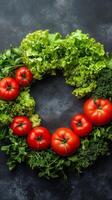 Fresh vegetables arranged in a circular pattern on a dark background showcasing their vibrant colors photo