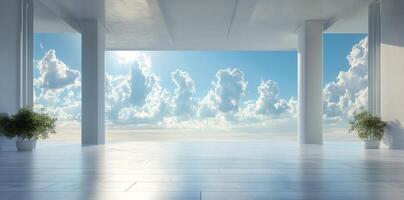 Vast open space with bright clouds and sunlight in modern architecture during daytime photo