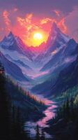 Majestic mountain landscape at sunrise with golden light illuminating the valley below photo