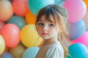 Young girl smiling in front of colorful balloons at a festive celebration photo