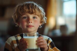 Child holding a glass of milk indoors in a cozy setting during the afternoon photo