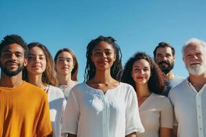 Diverse group of friends standing together outdoors in natural light with smiles on their faces photo