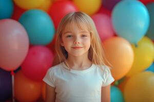 Young girl smiling in front of colorful balloons at a festive celebration photo