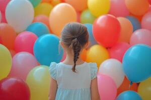 Young girl smiling in front of colorful balloons at a festive celebration photo