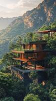 Modern dwelling nestled among lush mountains during golden hour photo