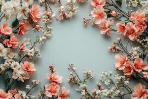 Delicate cherry blossoms and white flowers arranged in a circular frame on a soft blue background photo