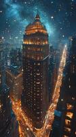 Historic building illuminated at night in a bustling city photo