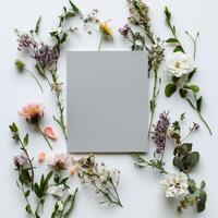 Beautiful arrangement of fresh flowers surrounding a blank card on a light background photo