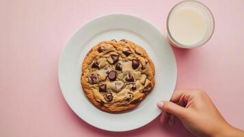 Delicious chocolate chip cookie served with a glass of milk on a soft pink background photo