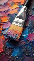 Vibrant brush resting on colorful paint palette showcasing artistic creativity and texture photo