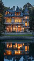 Historic mansion reflecting in calm waters surrounded by trees in autumn photo