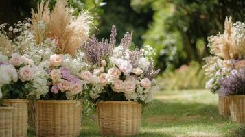Beautiful flower arrangements in woven baskets at an outdoor garden setting during daytime photo