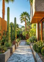 Pathway bordered by cacti and palm trees in a modern landscape design photo