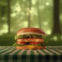 Grilled chicken sandwich with lettuce and tomato on checkered tablecloth in natural setting photo