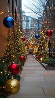 Cozy holiday living room with a decorated Christmas tree and festive decorations in a rustic setting photo