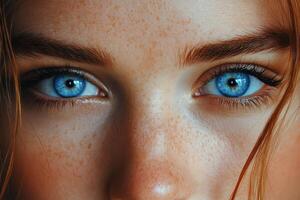 Captivating close-up of a young woman with striking blue eyes and freckles glowing under natural light photo