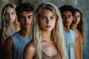 Group of diverse young people posing in urban setting during the day photo
