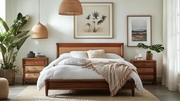 Cozy winter bedroom decorated with greenery and Christmas trees in a bright space photo