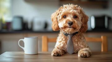 Dog dressed in tie sitting at a table next to a cup in a cozy kitchen setting photo