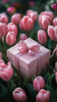 Gift box among blooming pink tulips in a vibrant garden setting during springtime photo