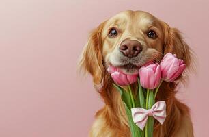 Golden retriever holding pink tulips with bow against soft pink background photo