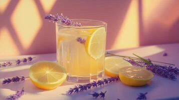 Refreshing lavender lemonade in a glass with lemon slices and lavender sprigs on a vibrant background photo