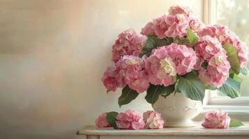Beautiful pink hydrangeas in a decorative vase on a rustic wooden table by a bright window photo